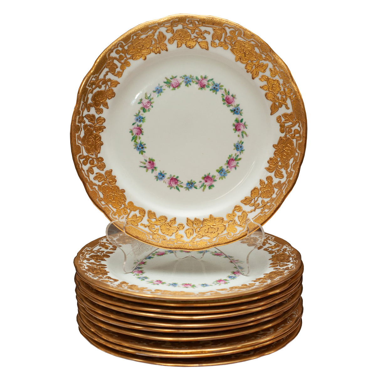 ANTIQUE SET OF 11 DESSERT PLATES EMBOSSED WITH GOLD FLOWERS MAISON NURITA