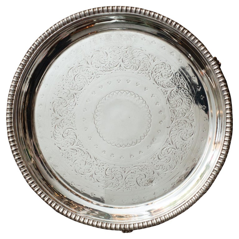 ANTIQUE SILVER PLATE ROUND FOOTED SERVING TRAY