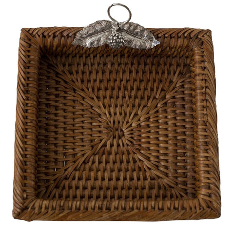 RATTAN SQUARE BASKET WITH 925 STERLING SILVER LEAVES AND A BERRY