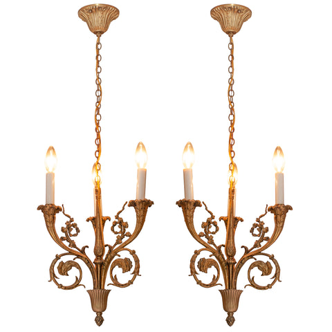 ANTIQUE PAIR OF FRENCH BRONZE CHANDELIERS WITH ROOSTER MOTIF