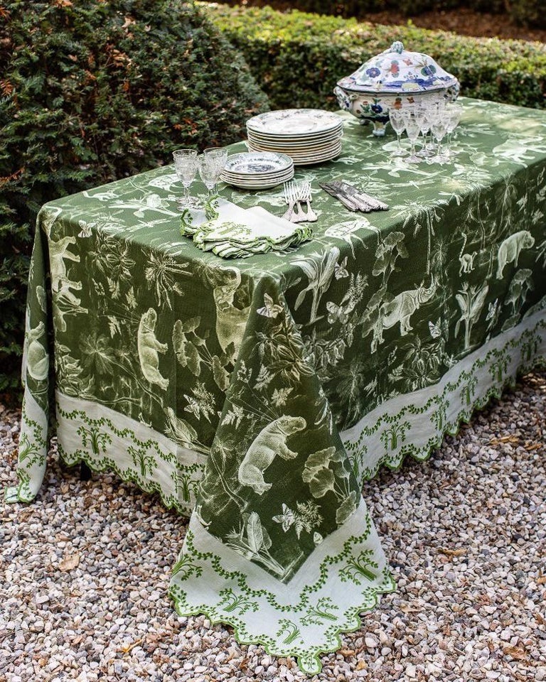 CONTEMPORARY GREEN LINEN TABLECLOTH WITH EMBROIDERED FLORAL BORDER - 6' X 13'