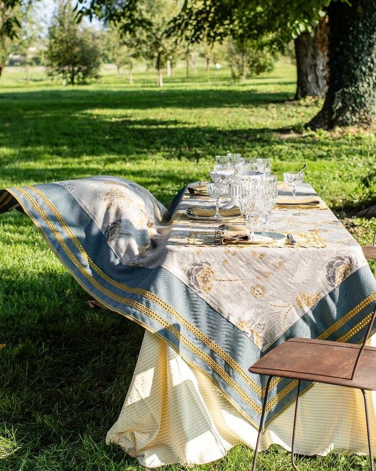 CONTEMPORARY BLUE LINEN TABLECLOTH WITH EMBROIDERED BORDER - 6' X 13'