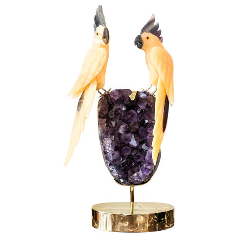 CONTEMPORARY LARGE ONYX & AMETHYST BIRDS ON A CUSTOM BRASS BASE