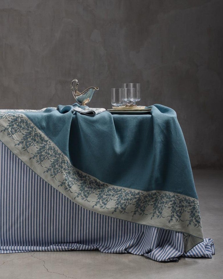 CONTEMPORARY BLUE LINEN TABLECLOTH WITH FLORAL EMBROIDERED BORDER - 6' X 6'