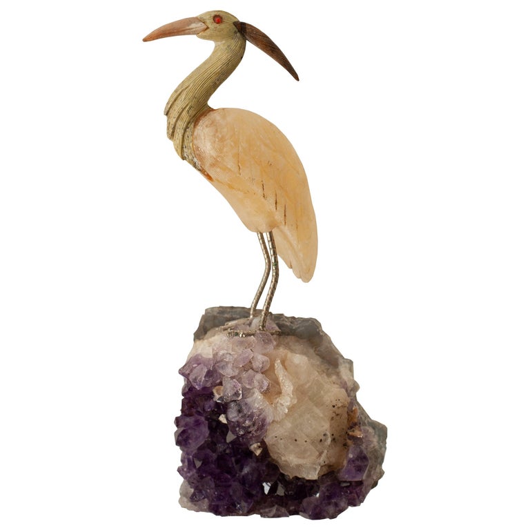 CONTEMPORARY SEMI PRECIOUS CRANE ON AN AMETHYST BASE