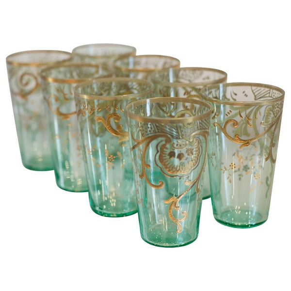 ANTIQUE SET OF 8 MOSER GREEN TEA GLASSES