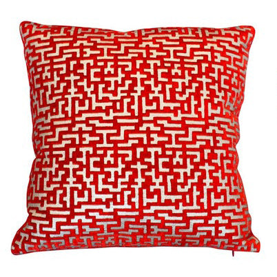 PAIR OF RED & SILVER FORTUNY VELVET PILLOWS