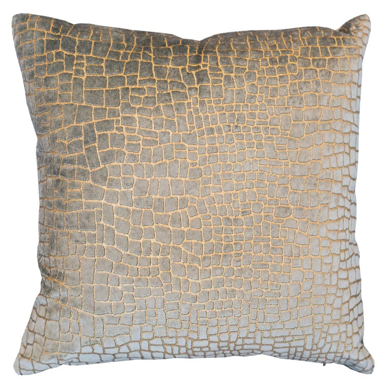 PALE BLUE & GOLD CROCODILE VELVET PILLOW