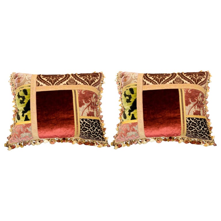 PAIR OF STUDIO MAISON NURITA PATCHWORK SILK & CUT PILE VELVET PILLOWS WITH METALLIC GIMP AND TASSEL TRIM