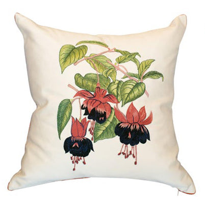 PAIR OF CRÈME SILK PILLOWS WITH EMBROIDERED FUCHSIAS