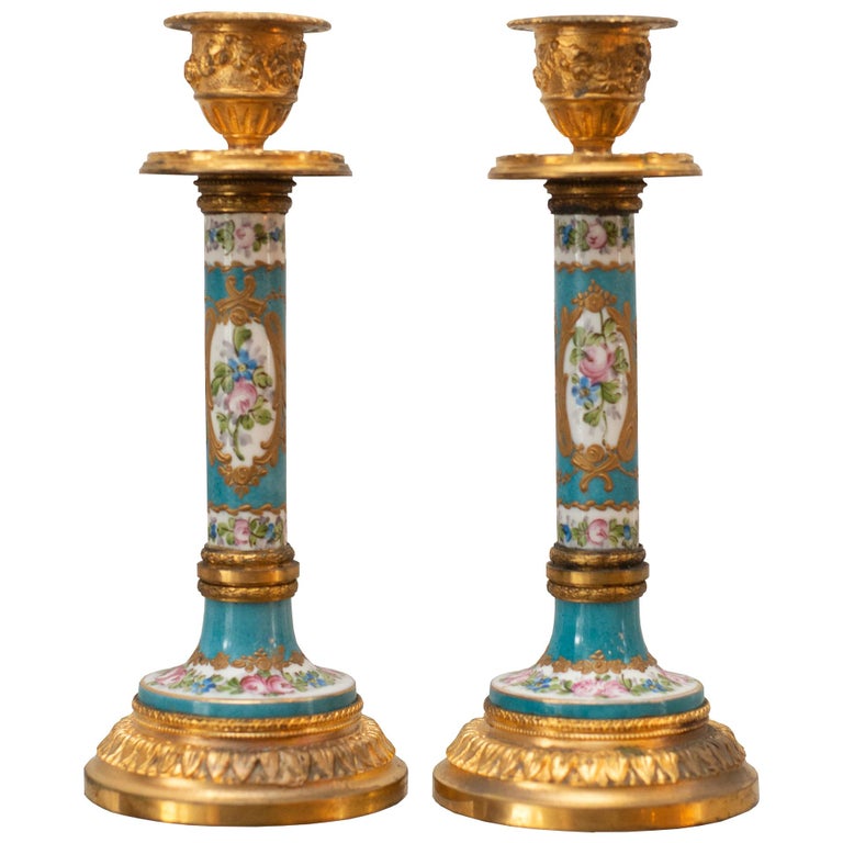 ANTIQUE PAIR OF SÈVRES & BRONZE CANDLESTICKS