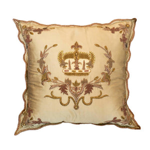 GOLD SILK PILLOW WITH EMBROIDERED & BEADED CROWN