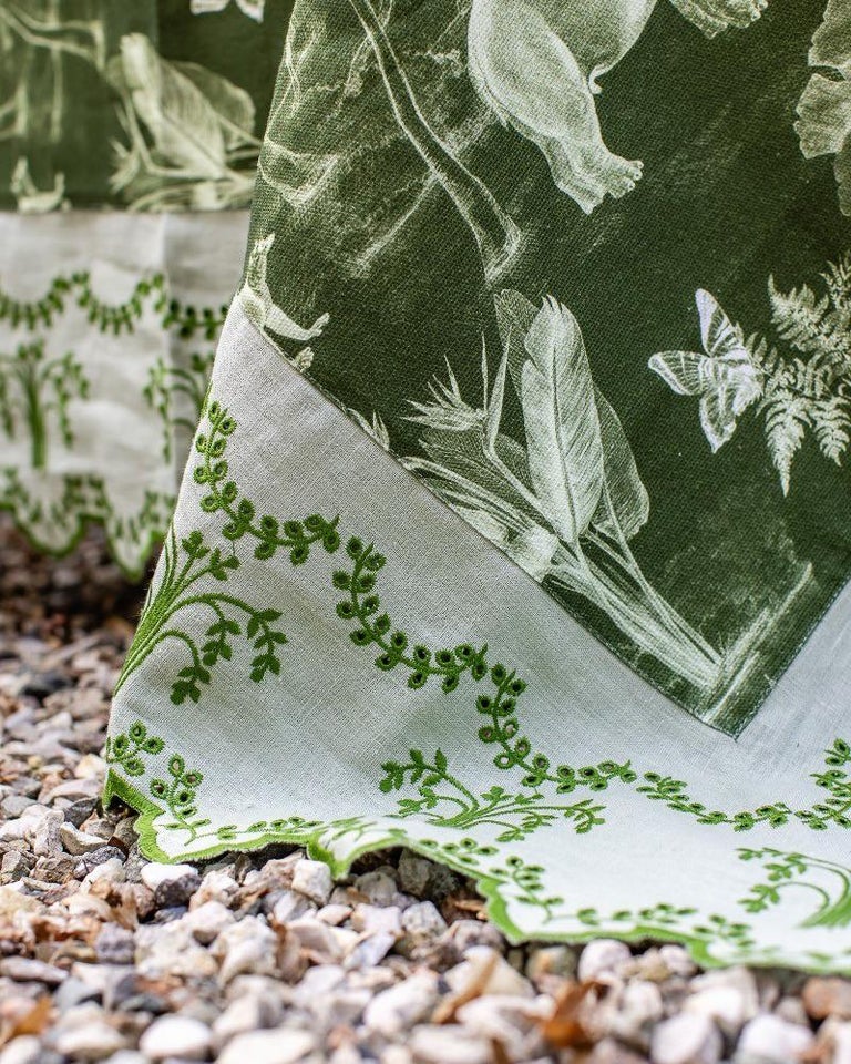 CONTEMPORARY GREEN LINEN TABLECLOTH WITH EMBROIDERED FLORAL BORDER - 6' X 13'