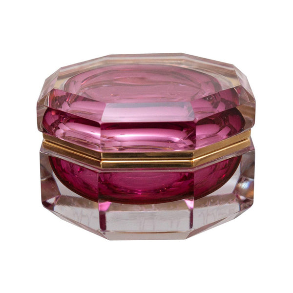 ANTIQUE RUBY AND CLEAR CRYSTAL BOX WITH BRONZE HARDWARE