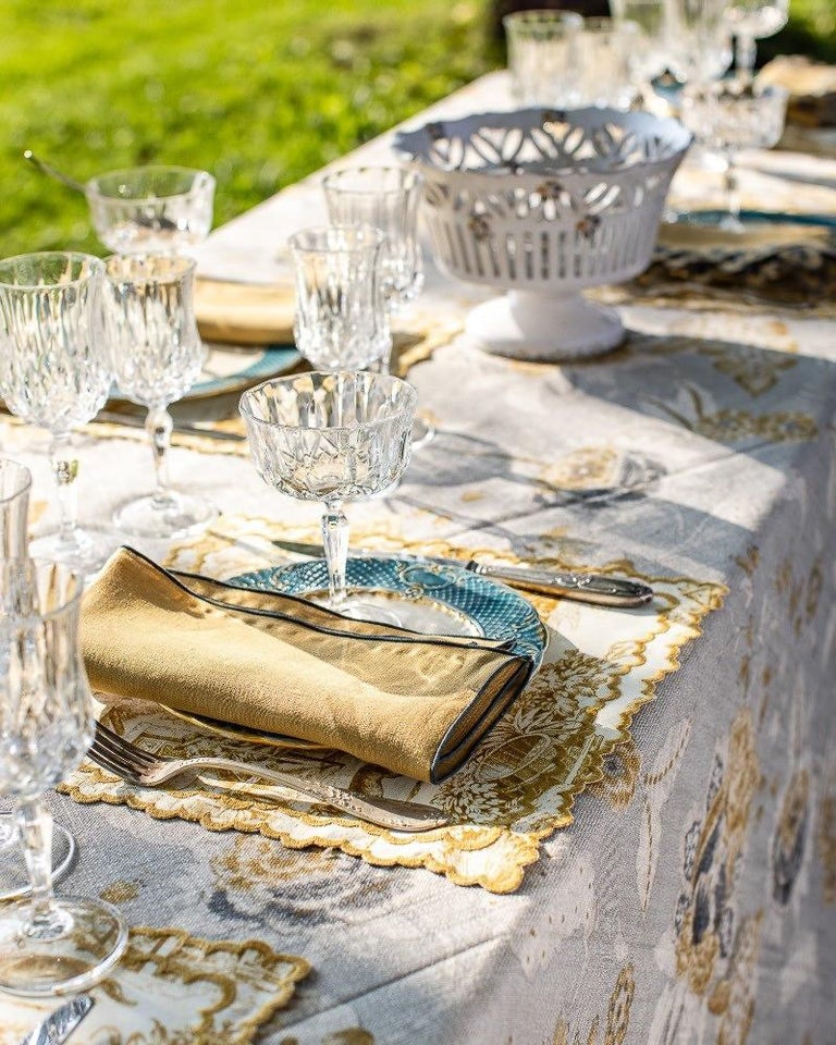 CONTEMPORARY BLUE LINEN TABLECLOTH WITH EMBROIDERED BORDER - 6' X 13'