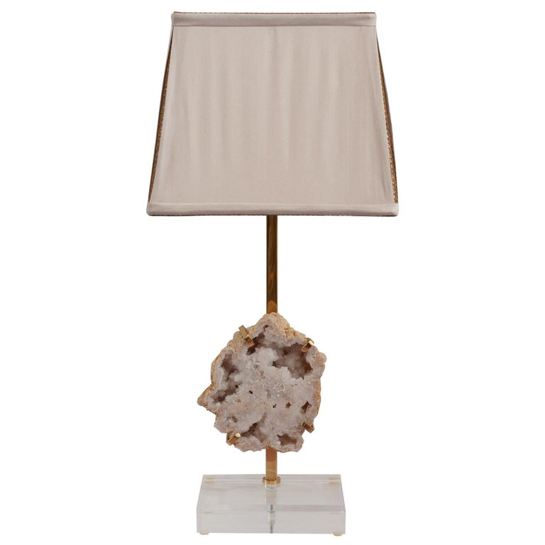 CONTEMPORARY PAIR OF BRONZE & QUARTZ GEODE LAMPS WITH CUSTOM SILK SHADES