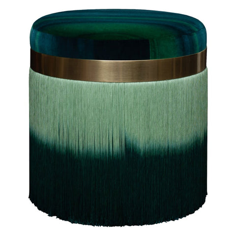 CONTEMPORARY VARIEGATED VELVET OTTOMAN WITH BRASS TRIM AND FRINGE