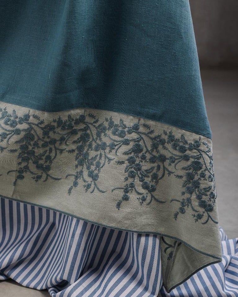 CONTEMPORARY BLUE LINEN TABLECLOTH WITH FLORAL EMBROIDERED BORDER - 6' X 6'