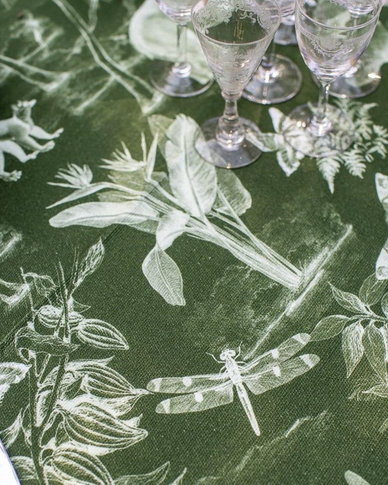CONTEMPORARY GREEN LINEN TABLECLOTH WITH EMBROIDERED FLORAL BORDER - 6' X 13'