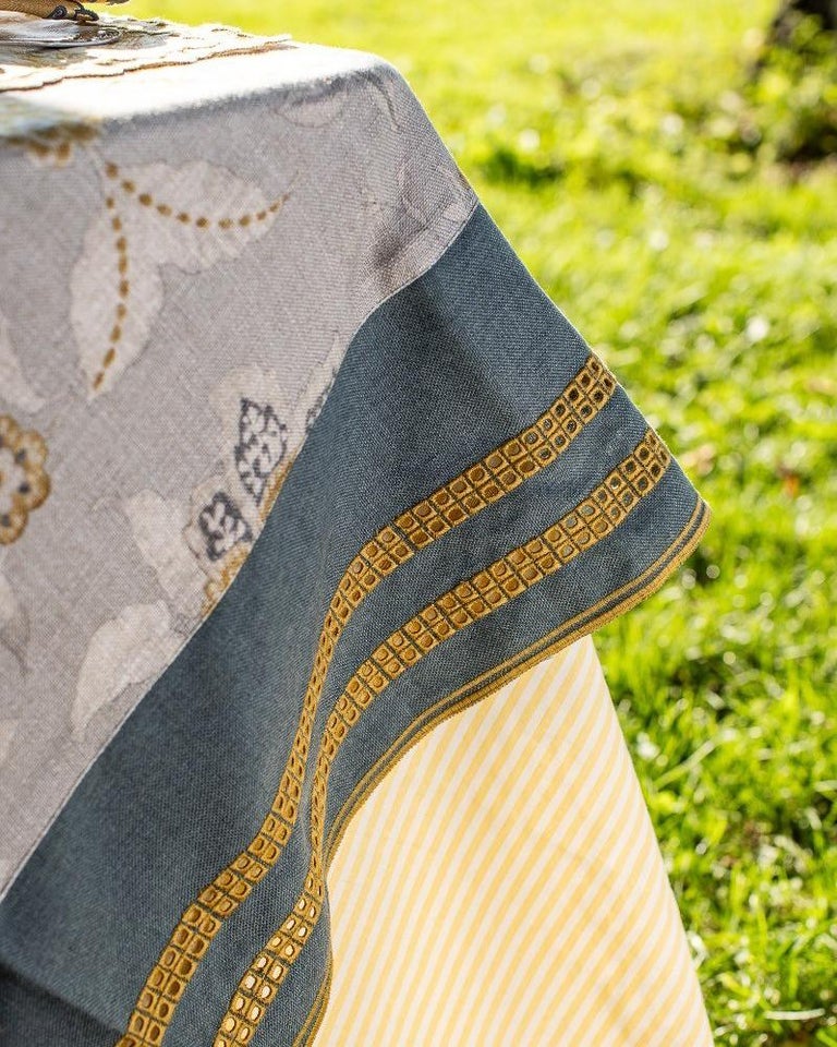 CONTEMPORARY BLUE LINEN TABLECLOTH WITH EMBROIDERED BORDER - 6' X 13'