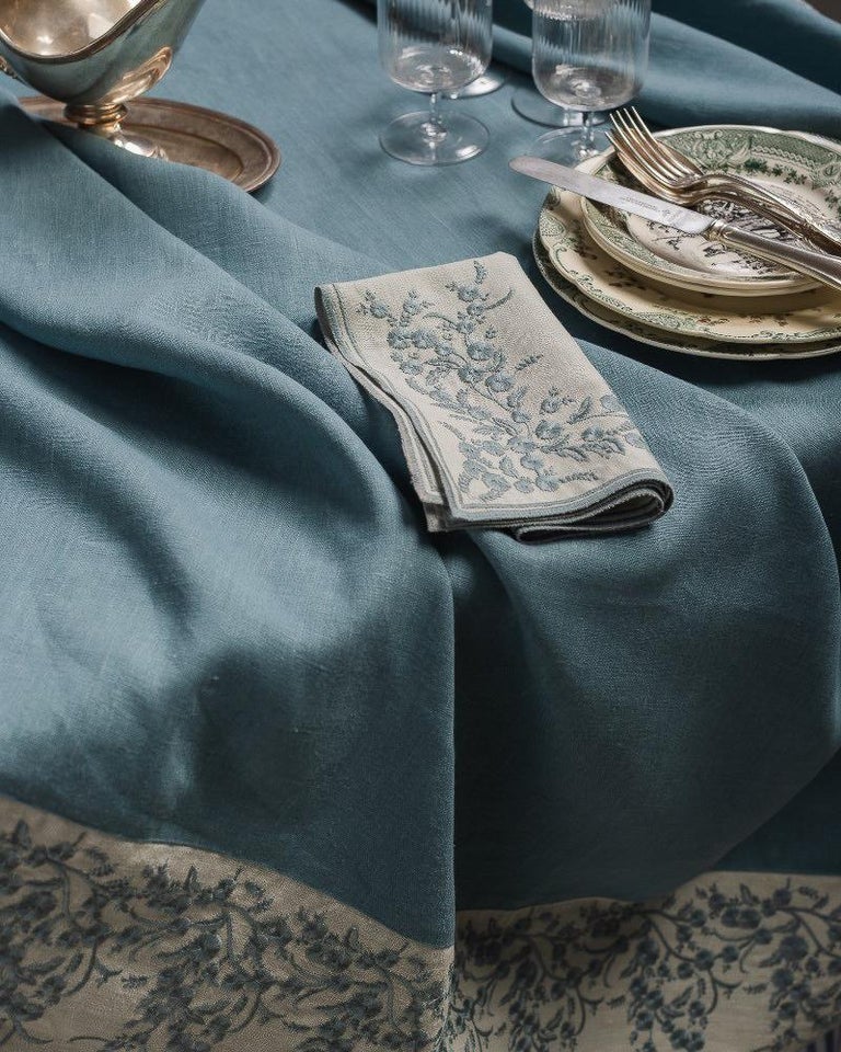CONTEMPORARY BLUE LINEN TABLECLOTH WITH FLORAL EMBROIDERED BORDER - 6' X 6'