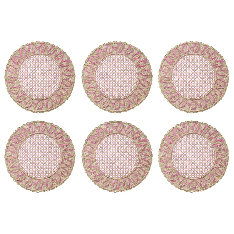 CONTEMPORARY SET OF 6 NATURAL AND PINK RATTAN HANDWOVEN PLACEMATS