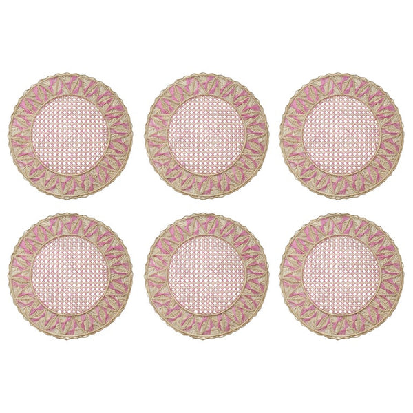 CONTEMPORARY SET OF 6 NATURAL AND PINK RATTAN HANDWOVEN PLACEMATS