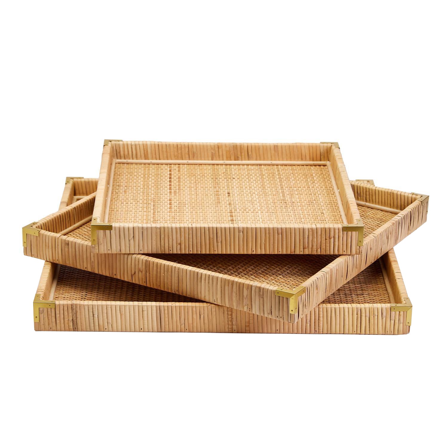 CONTEMPORARY SET OF THREE WOVEN RATTAN SQUARE TRAYS