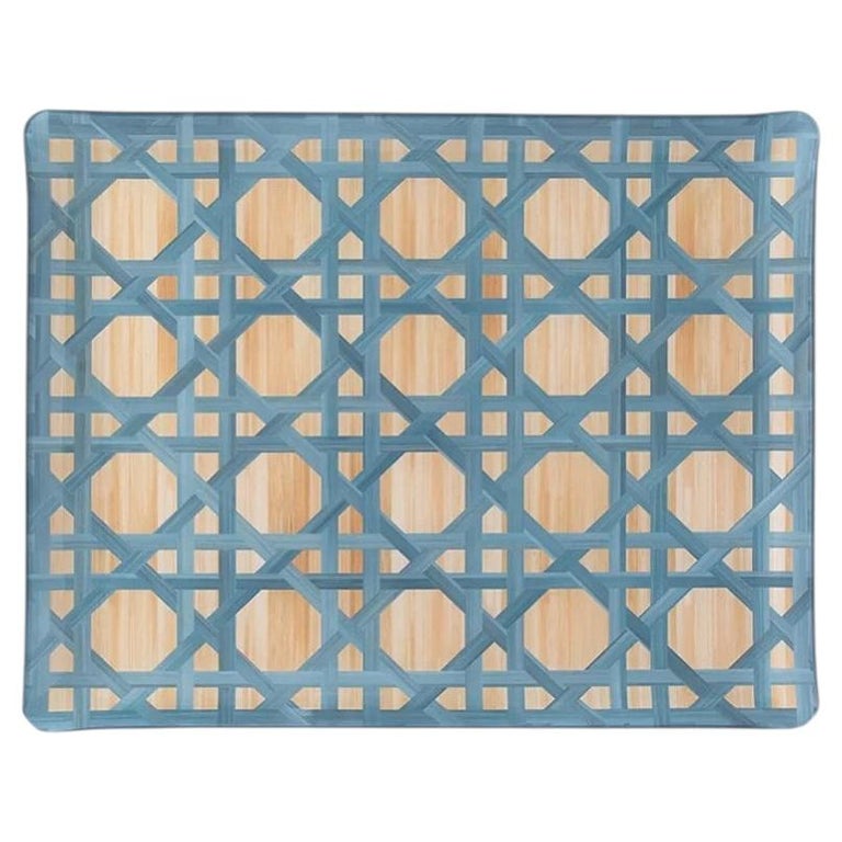 CONTEMPORARY WOVEN CANE PRINT ACRYLIC SERVING TRAY IN BLUE
