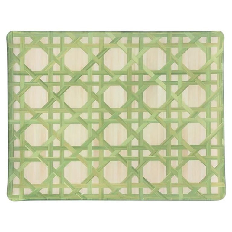 CONTEMPORARY WOVEN CANE PRINT ACRYLIC SERVING TRAY IN GREEN