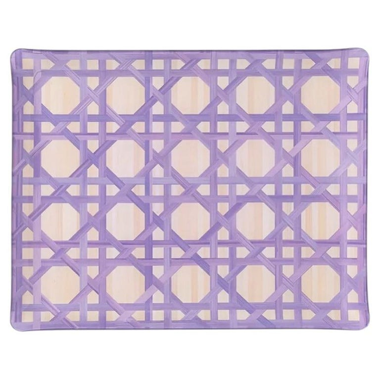 CONTEMPORARY WOVEN CANE PRINT ACRYLIC SERVING TRAY IN LILAC