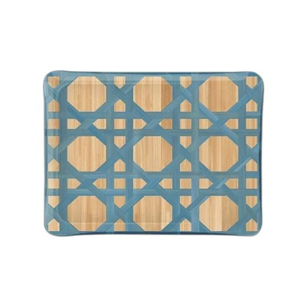 CONTEMPORARY WOVEN CANE PRINT ACRYLIC SMALL TRAY IN BLUE