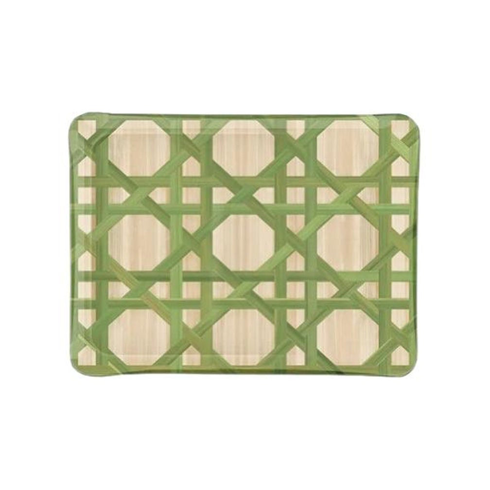 CONTEMPORARY WOVEN CANE PRINT ACRYLIC SMALL TRAY IN GREEN