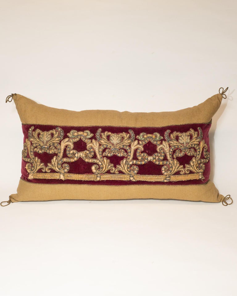 LARGE BEIGE LINEN PILLOW WITH BURGUNDY VELVET & ANTIQUE METALLIC EMBROIDERY
