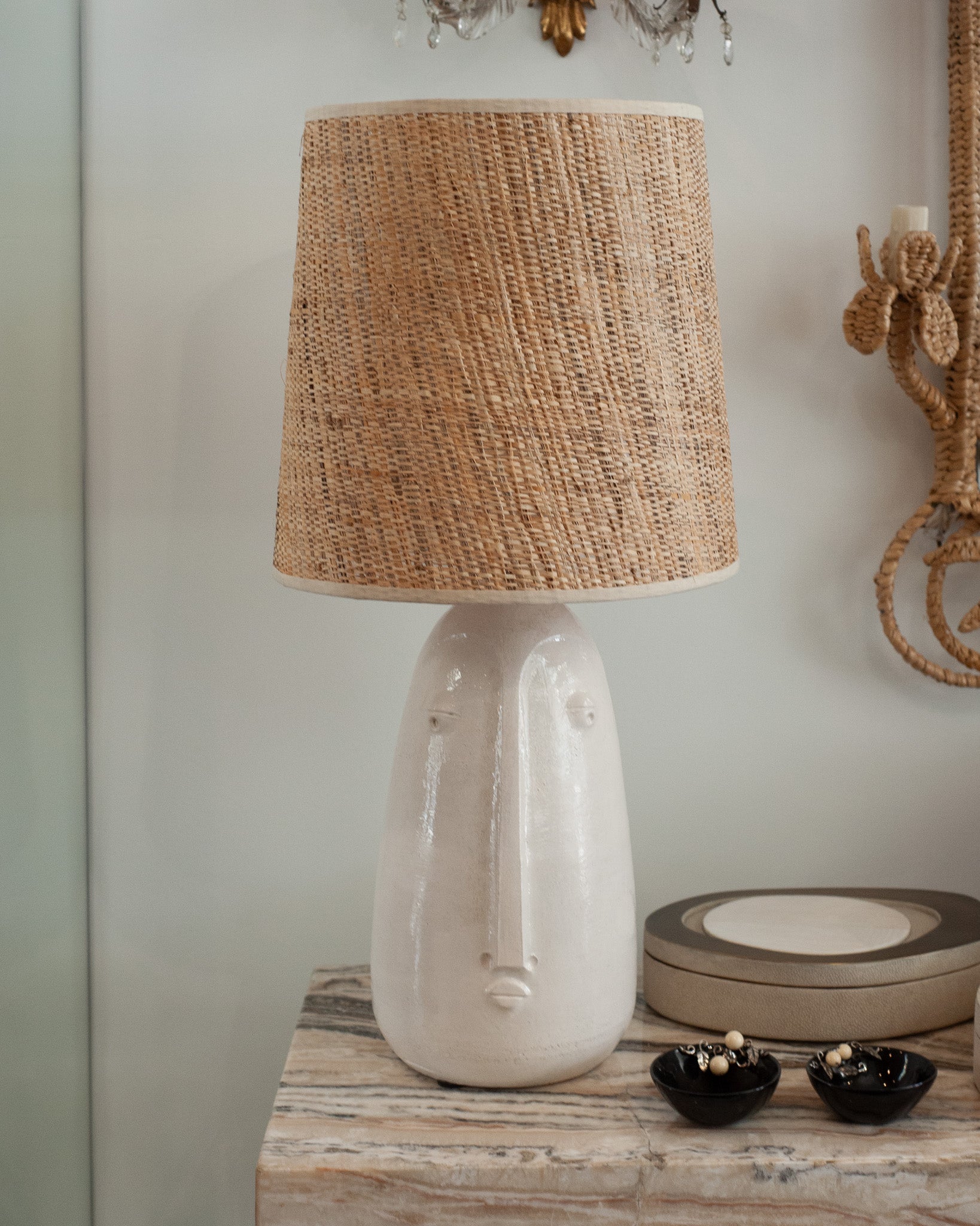 MID CENTURY CERAMIC ABSTRACTED FACES LAMPS WITH NATURAL WOVEN SHADES