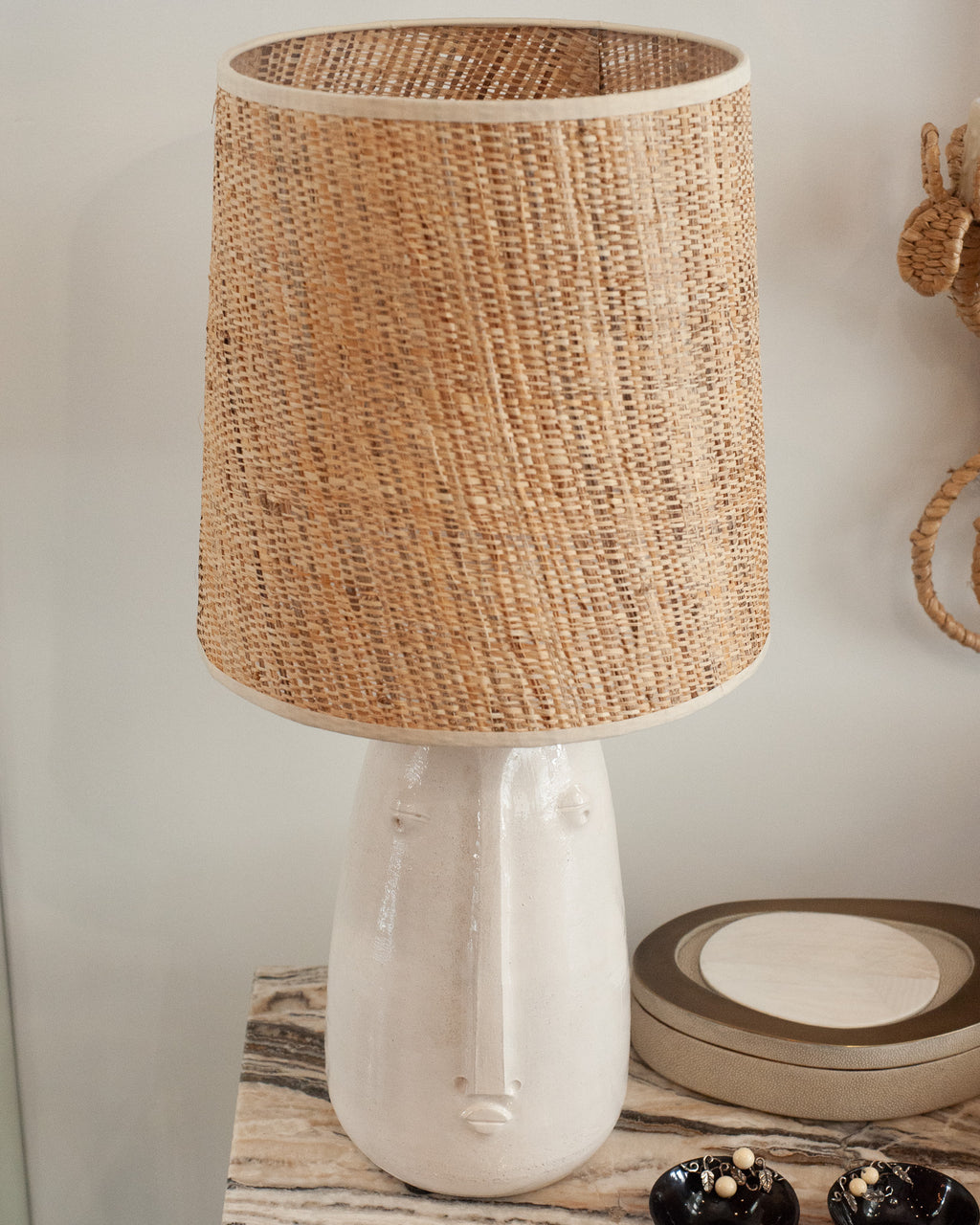 MID CENTURY CERAMIC ABSTRACTED FACES LAMPS WITH NATURAL WOVEN SHADES