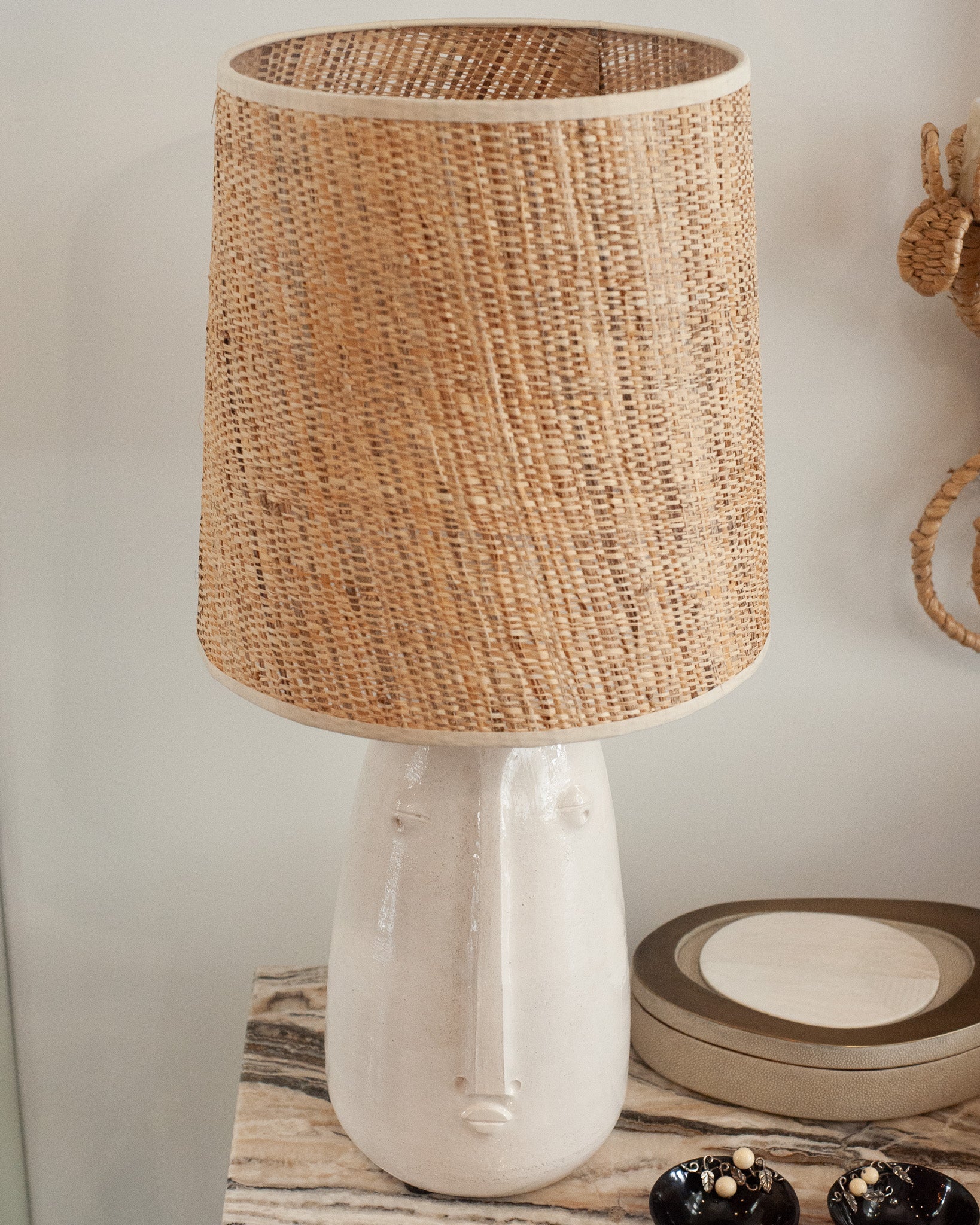 MID CENTURY CERAMIC ABSTRACTED FACES LAMPS WITH NATURAL WOVEN SHADES