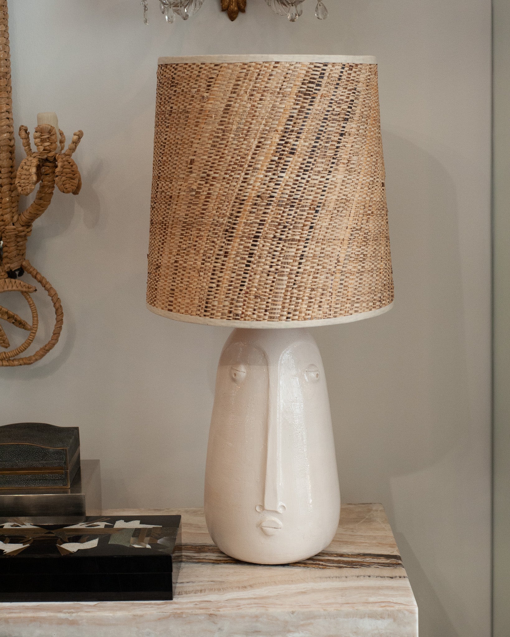 MID CENTURY CERAMIC ABSTRACTED FACES LAMPS WITH NATURAL WOVEN SHADES
