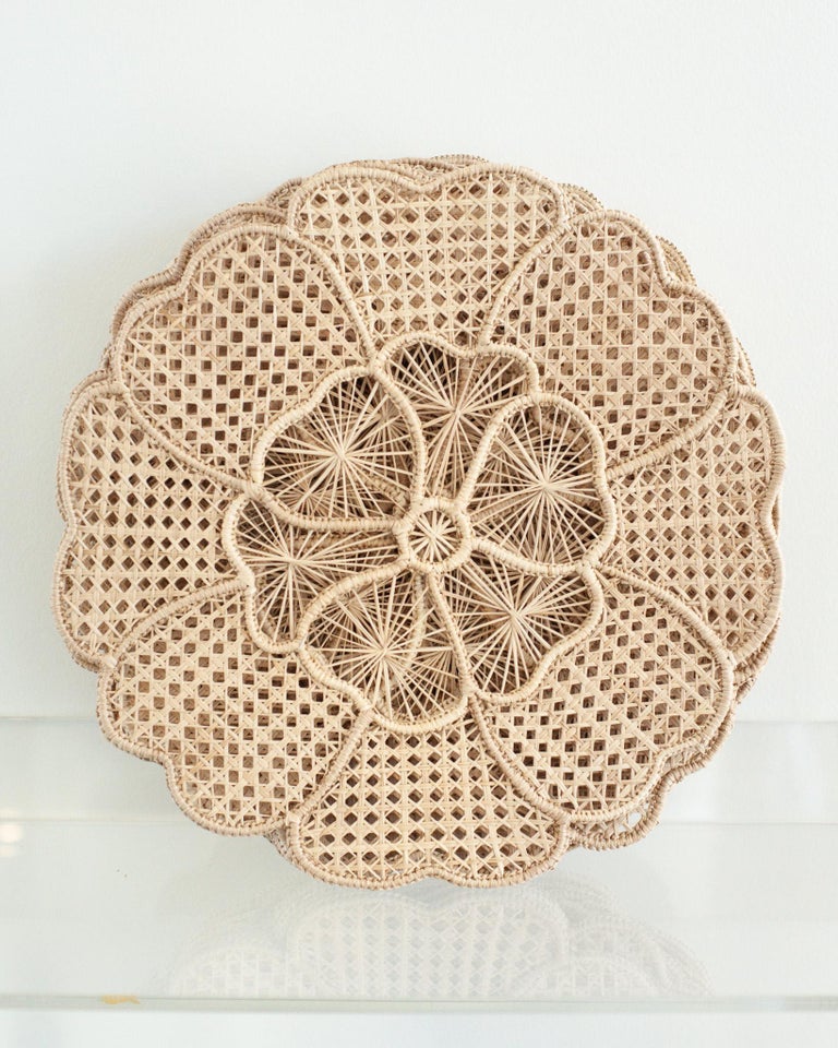 CONTEMPORARY SET OF 12 HANDWOVEN NATURAL RATTAN FLOWER PLACEMATS