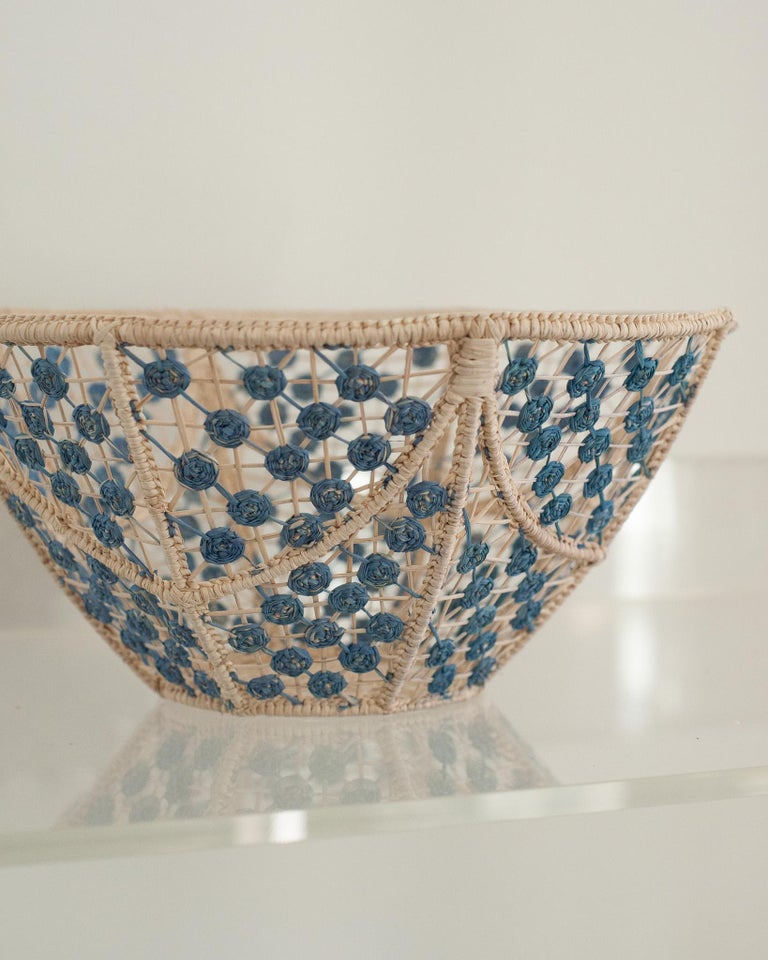 CONTEMPORARY ROUND HANDWOVEN RATTAN BOWL WITH SKY BLUE KNOTS