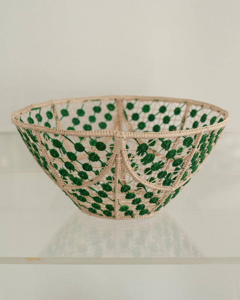 CONTEMPORARY ROUND HANDWOVEN RATTAN BOWL WITH GREEN KNOTS