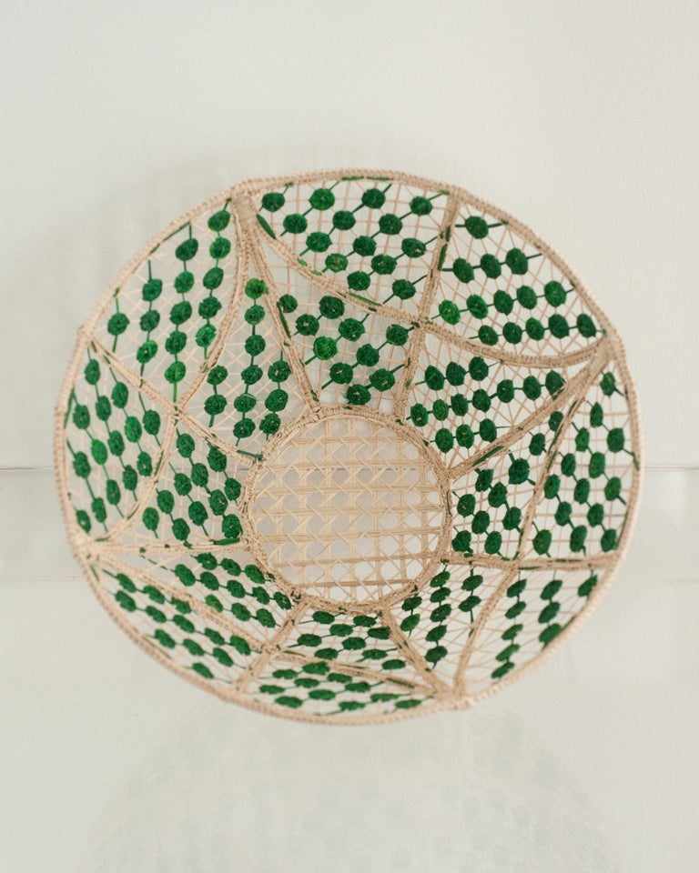 CONTEMPORARY ROUND HANDWOVEN RATTAN BOWL WITH GREEN KNOTS