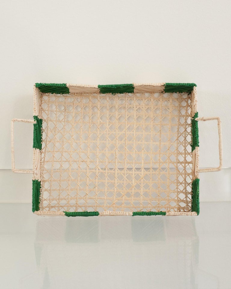 CONTEMPORARY CHECKERED RECTANGULAR RATTAN SERVING TRAY WITH HANDLES