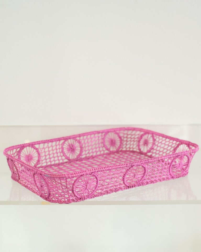 CONTEMPORARY RECTANGULAR RATTAN SERVING TRAY IN PINK WITH ROUNDED CORNERS