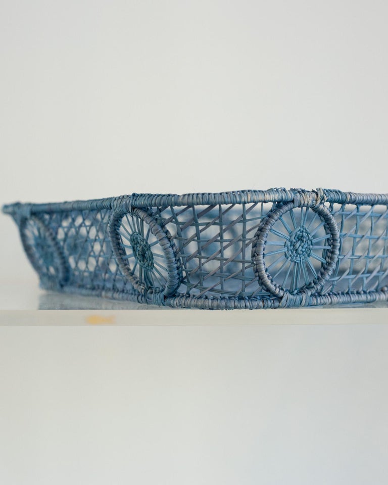 CONTEMPORARY RECTANGULAR RATTAN SERVING TRAY IN SKY BLUE WITH ROUNDED ...