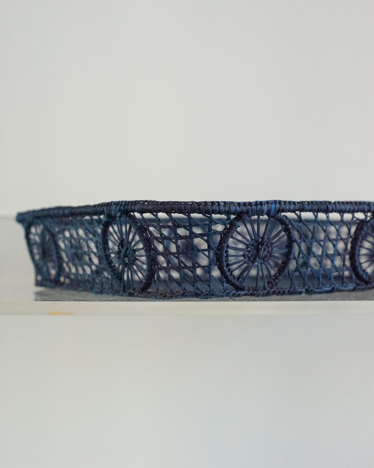 CONTEMPORARY RECTANGULAR RATTAN SERVING TRAY IN NAVY WITH ROUNDED CORNERS