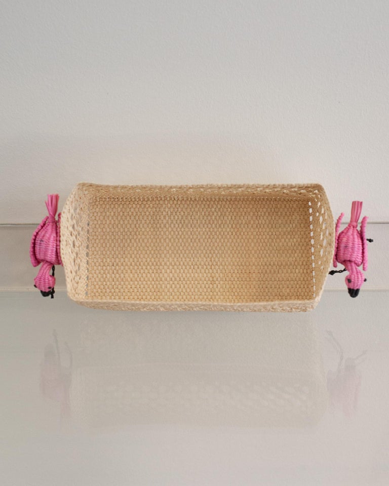 CONTEMPORARY WOVEN RATTAN SMALL RECTANGULAR BASKET WITH FLAMINGOS