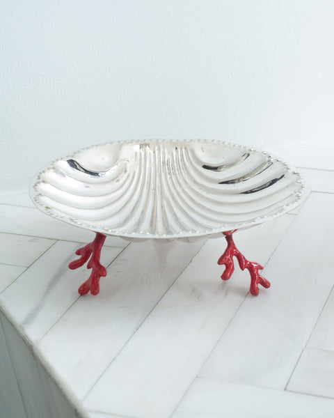 VINTAGE SILVER PLATE SHELL TRAY WITH CORAL SHAPED ENAMEL FEET