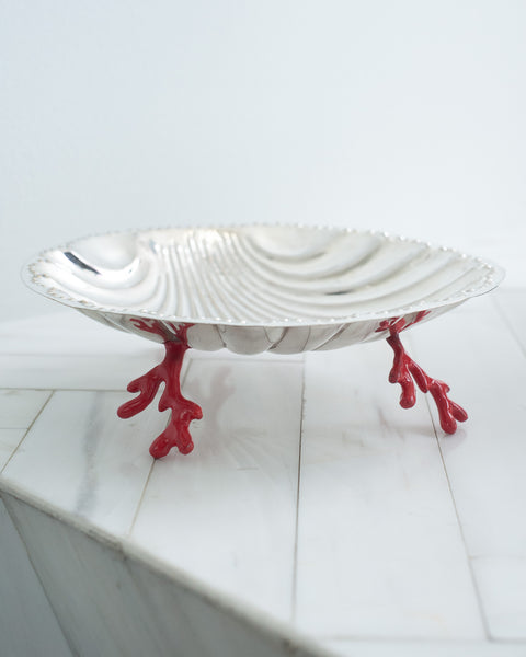 VINTAGE SILVER PLATE SHELL TRAY WITH CORAL SHAPED ENAMEL FEET