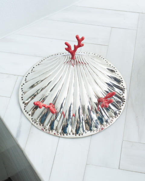 VINTAGE SILVER PLATE SHELL TRAY WITH CORAL SHAPED ENAMEL FEET